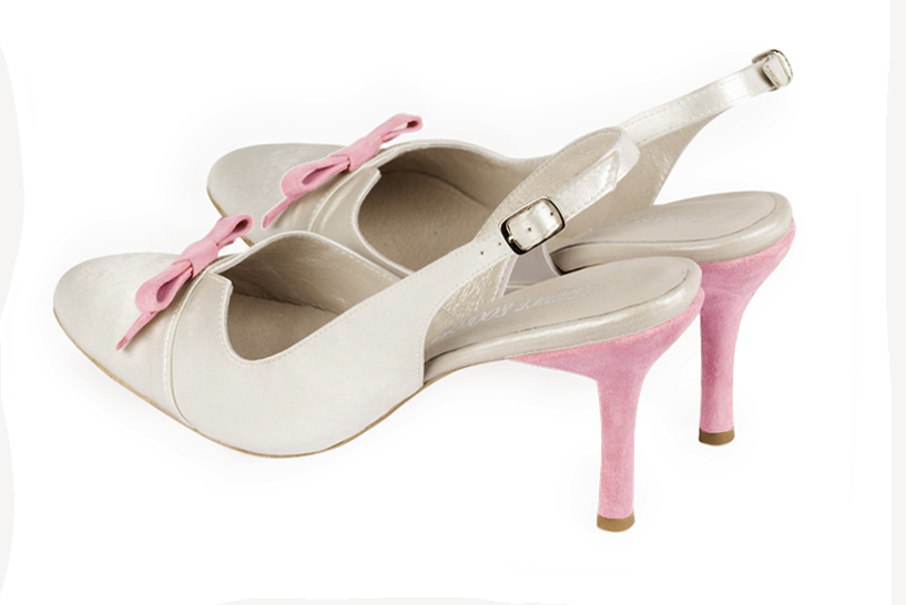 Pure white and carnation pink women's open back shoes, with a knot. Round toe. High slim heel. Rear view - Florence KOOIJMAN